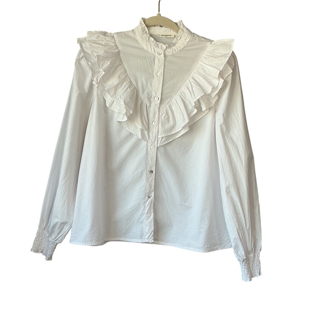SundayUp White Ruffle Bib Button Down Blouse Smocked Cuff‎ Victorian Top Medium